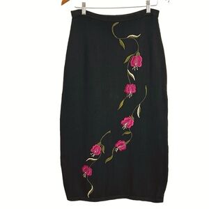Peruvian Connection Embroidered Knit Straight Skirt Size M Womens Black Cotton